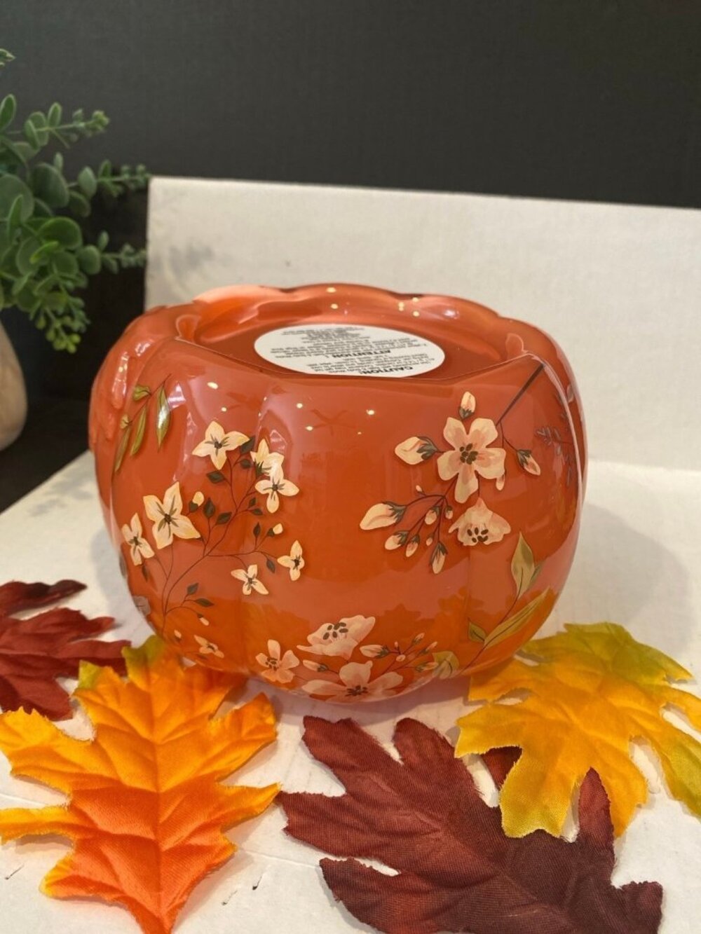 Bath & Body Works Orange Fall Floral Pumpkin 3 Wick Candle Holder Base New NIB
